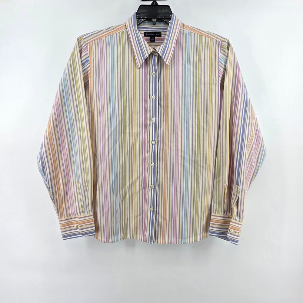 Lands End Womens 14 Multi Color Vertical Stripe Button Up Shirt Long Sleeve